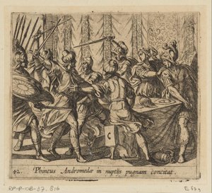Phineus verstoort de la boda de Perseo en Andrómeda Fineo provoca que Andrómeda pelee en su boda (título sobre objeto) Metamorphoseon o transformaciones (título de la serie) Metamorfosen van Ovidius (título de la serie) de Antonio Tempesta