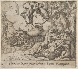 Placa 105: Diana apuntando su arco hacia Chione, quien está acompañada por dos niños de Antonio Tempesta