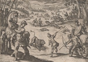 Placa 11: La caza del león de Alejandro, de Los hechos de Alejandro Magno, 1608 de Antonio Tempesta