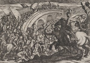 Placa 11: Tropas de Civilis cruzando el río Mosa, de La guerra de los romanos contra los ..., 1611 de Antonio Tempesta