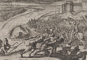 Lámina 12: Tirando de un Barco Cargado de Grano a la Orilla, de La Guerra de los Romanos Contra..., 1611 de Antonio Tempesta
