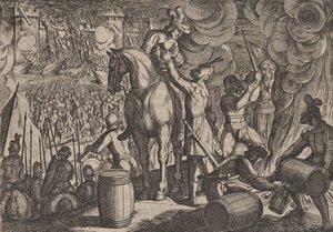 Placa 13: Ataque a la fortaleza romana de noche, de La guerra de los romanos contra los ba..., 1611 de Antonio Tempesta