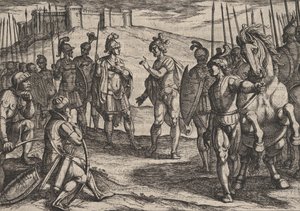 Placa 15: Civilis tratando con un comandante romano, de La guerra de los romanos contra los..., 1611
