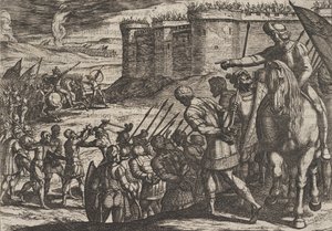 Placa 16: Cautivos romanos ante la antigua fortaleza, de La guerra de los romanos contra los B...