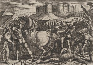 Placa 17: Los Romanos Engañados por el Caballo de Civilis para Creer que Estaba Muerto o Herido, de..., 1611 de Antonio Tempesta