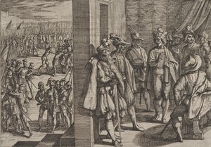 Placa 18: Reunión secreta de Civilis con otros líderes de Tréveris, de La Guerra de los Rom..., 1611