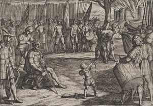 Placa 20: Civilis cortándose el cabello, de La Guerra de los Romanos contra los Batavios de Antonio Tempesta