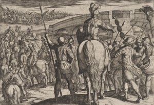 Placa 24: La vanguardia de las nuevas tropas romanas retrocedió, de La guerra de los romanos, 1611 de Antonio Tempesta