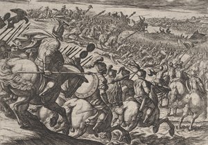 Placa 25: El comandante romano Cerialis ataca cerca de Tréveris, de La guerra de los romanos contra..., 1611 de Antonio Tempesta