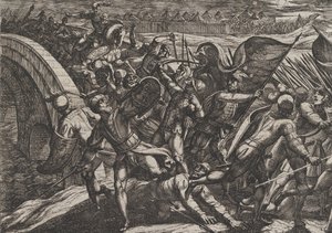 Placa 27: Los holandeses durante un ataque sorpresa al campamento romano en el Mosela, de La guerra de los romanos contra los batavios, 1611 de Antonio Tempesta