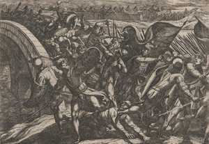 Placa 27: Los holandeses durante un ataque sorpresa al campamento romano en el Mosela, de The Wa..., 1611 de Antonio Tempesta
