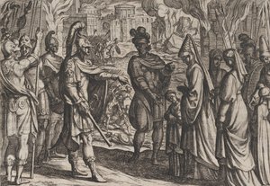 Placa 28: Las tropas de Colonia traen a la esposa y hermana de Civilis a Cerialis, de La guerra de los R..., 1611 de Antonio Tempesta