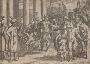 Placa 2: Alejandro cortando el nudo gordiano, de Los hechos de Alejandro Magno, 1608
