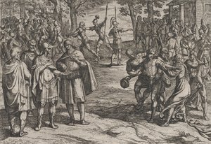 Placa 2: Los romanos tomando a viejos holandeses como rehenes y seduciendo a los jóvenes, de La Guerra..., 1611 de Antonio Tempesta