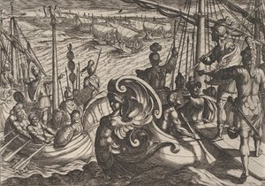 Placa 33: Flotillas holandesas y romanas en el Rin, de La guerra de los romanos contra los b..., 1611 de Antonio Tempesta