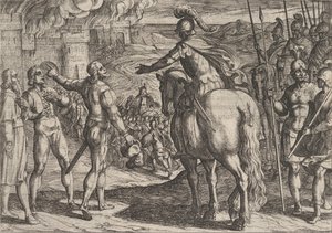 Placa 34: Los romanos quemando el campo holandés, de La guerra de los romanos contra los..., 1611 de Antonio Tempesta