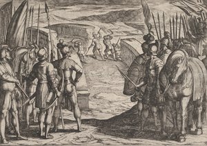Placa 35: Los Batavios se Asustan y Comienzan las Negociaciones de Paz, de La Guerra de los Romanos, 1611 de Antonio Tempesta
