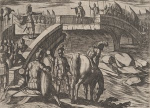 Placa 36: Civilis y Cerialis se encuentran en un puente roto para llegar a un acuerdo, de La Guerra de..., 1611 de Antonio Tempesta