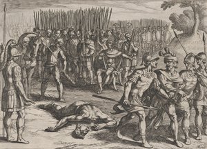 Placa 3: Claudio Civilis arrestado y su hermano Paulus decapitado, de La Guerra de los Ro..., 1611 de Antonio Tempesta