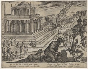 Placa 5: Tumba de Mausolo, canteros haciendo una columna a la derecha, de Las Siete Maravillas de Antonio Tempesta