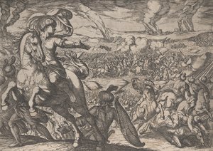 Placa 6: Darío huyendo del campo de batalla, de Los hechos de Alejandro Magno, 1608 de Antonio Tempesta