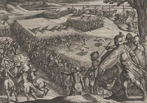 Placa 6: Romanos derrotados cerca del Rin, de La guerra de los romanos contra los batavios, 1611 de Antonio Tempesta