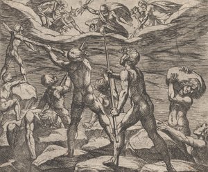 Placa 6: Los gigantes intentando asaltar el Olimpo Gigantomaquia, de las 