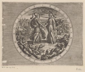 Roma en Batavia schudden elkaar de hand Sociedad de los romanos y los holandeses (título sobre el objeto) De Bataafse oorlogen tegen de Romeinen (título de la serie) Batalla de los holandeses con los romanos (título de la serie) de Antonio Tempesta