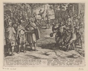 Los romanos compran a los jóvenes holandeses de los ancianos holandeses Las guerras de Batavia contra los romanos (título de la serie) Batavorum cum Romanis Bellum (título de la serie) de Antonio Tempesta