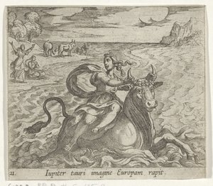 Furgoneta de techo Europa Júpiter captura a Europa en la imagen de un toro (título sobre objeto) Transformación del tamaño de Metamorphoseon (título de la serie) Metamorfosen van Ovidius (título de la serie) de Antonio Tempesta