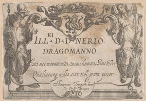 Impresión de título con cartela con dedicatoria, flanqueada por Minerva y Faam Escenas de caza (parte 1) (título de la serie)