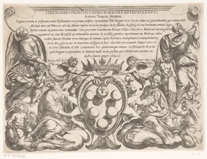 Grabado de título con dedicatoria y escudo de armas de Cosme II de