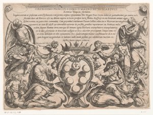 Grabado de título con dedicatoria y escudo de armas de Cosme II de