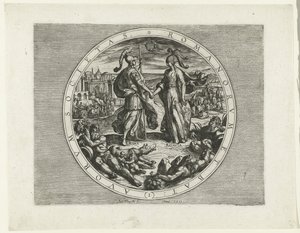Título presente para la serie De Bataafse Opstand, 69-70 Sociedad de los romanos y los holandeses (1) (título sobre el objeto) De Bataafse Opstand (título de la serie) Guerra de los holandeses con los romanos, à Cor. Tacito / De Batavische Oft Oude Holland de Antonio Tempesta