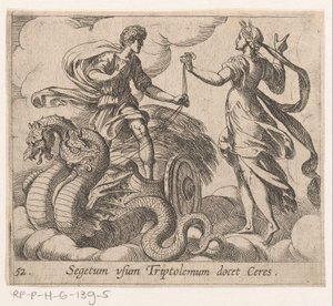 Triptólemo ontagunt de wagon van Ceres Ceres le enseña a Triptólemo la cosecha (título del objeto) Metamorphoseon o transformaciones (título de la serie) Metamorfosen van Ovidius (título de la serie) de Antonio Tempesta