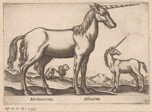 Dos unicornios y un león Monocerons/ Allicorno (título sobre objeto) Animales y criaturas míticas (título de serie) Nova raccolta de li animali piu curiosi del mondo (título de la serie) de Antonio Tempesta