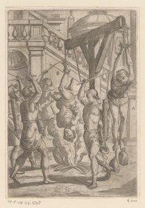 Ardiendo colgando boca abajo y golpeando Torturas sufridas por los mártires cristianos (título de la serie) Varia tormentorum et supplicioru rawlium (...) (título de la serie) de Antonio Tempesta