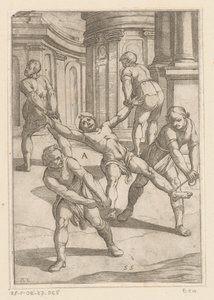 Cuatro hombres tiran de las extremidades de un santo Torturas sufridas por los mártires cristianos (título de la serie) Varia tormentorum et supplicioru rawlium (...) (título de la serie)