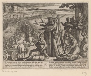 Mujeres y niños ven a Julius Civilis derrotar a los romanos Las guerras de Batavia contra los romanos (título de la serie) Batavorum cum Romanis Bellum (título de la serie) de Antonio Tempesta