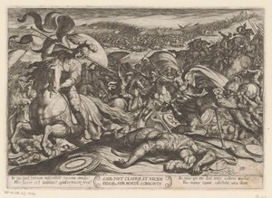 Suicidio de Saúl después de su derrota por los filisteos Saul post cladem et necem fillor sibl morte conscivit (título sobre el objeto) Escenas de batalla del Antiguo Testamento (título de la serie) de Antonio Tempesta