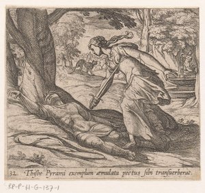 Zelfmoor van Tisbe Thijsbe había atravesado su pecho siguiendo el ejemplo de Pyramus (título sobre objeto) Metamorphoseon o transformaciones (título de la serie) Metamorfosen van Ovidius (título de la serie) de Antonio Tempesta
