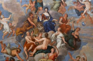 La reina Ana rodeada de una serie de virtudes personificadas, detalle del techo del Salón de la Reina de Antonio Verrio