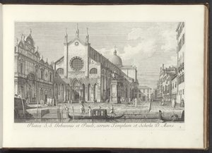 Vista de la Iglesia de Santi Giovanni e Paolo en Venecia Platea S. S. Johannis et Pauli, eorum Templum et Schola D. Marci (título sobre el objeto) Vistas de edificios y plazas en Venecia (título de la serie) Urbis Venetiarum prospectus celebriores, ex Anto de Antonio Visentini