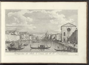 Gezicht op het Canal Grande, de Santa Maria di Nazareth y de San Simeone Piccolo te Veneti Vista desde el Templo de la Santa Cruz a P. Descalzo (título sobre objeto) Las vistas más famosas de la ciudad de Venecia, exprimidas por paneles de latón del Canal  de Antonio Visentini