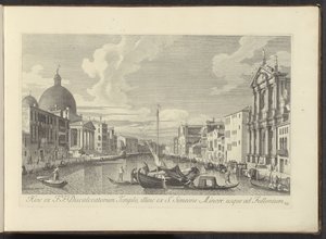 Gezicht op het Canal Grande, de Santa Maria di Nazareth y de San Simeone Piccolo te Veneti Por un lado, la F.F. El Templo de los Descalzos, por el otro desde S. Simeón el Joven hasta Fullonio (título sobre el objeto) Las vistas más famosas de la ciudad de  de Antonio Visentini