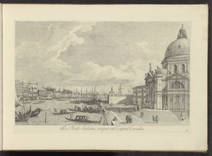 Gezicht op het Canal Grande en de Santa Maria della Saludos a usted Del Templo de la Seguridad a la Cabeza del Canal (título sobre objeto) Las vistas más famosas de la ciudad de Venecia, de las 38 pinturas de bronce del Canal de Antonio reproducidas por An de Antonio Visentini