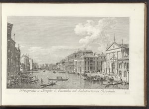 Gezicht op het Canal Grande en de kerk de San Stae te Venetië Vista desde el Templo de S. Eustathius al Río Rialto (título sobre objeto) Las vistas más famosas de la ciudad de Venecia, desde los 38 paneles de latón del Canal de Antonio reproducidos por Ant de Antonio Visentini