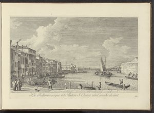 Gezicht op het Canal Grande en de kerk de Santa Chiara te Venetië Del Fuller al Templo de Santa Clara donde termina el canal (título sobre el objeto) Las vistas más famosas de la ciudad de Venecia, exprimidas por 38 paneles de latón de Antonio Vssentini en de Antonio Visentini