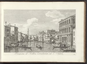 Gezicht op het Canal Grande en de toren van de San Vitale te Venetië Una vista desde las oficinas de Cornelius S. Vitalis (título sobre el objeto) Las vistas más famosas de la ciudad de Venecia, de los 38 paneles de latón del Canal Antonio reproducidos por de Antonio Visentini
