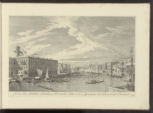 Gezicht op het Canal Grande te Venetië De allí a los Edificios Públicos de Rialto, y de otro a la SS. Los Apóstoles en casa de Grimana (título sobre objeto) Las vistas más famosas de la ciudad de Venecia, desde los 38 paneles de latón del Canal Antonio rep de Antonio Visentini